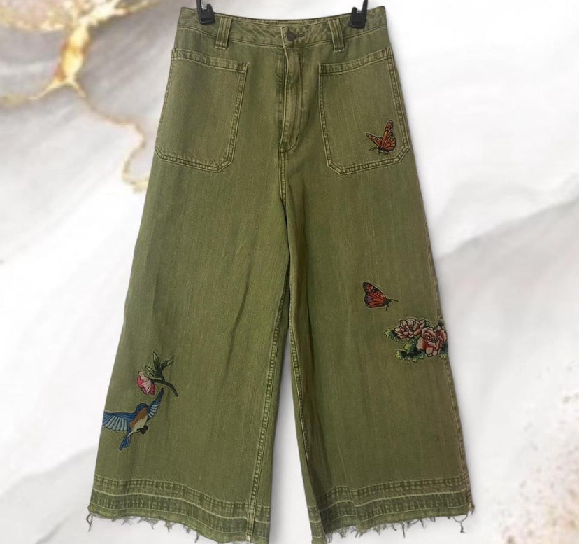 Free People Size 28 Embroidered Wide Leg Jeans