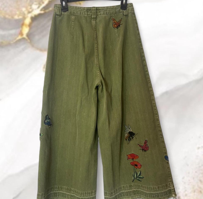 Free People Size 28 Embroidered Wide Leg Jeans